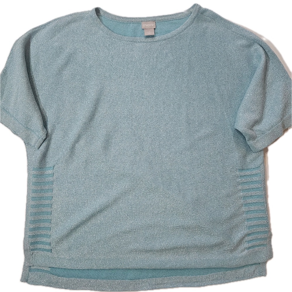 Chico's Sweater Womens 2‎ Green Metallic Short Sleeve Dolman Knit Pullover Top